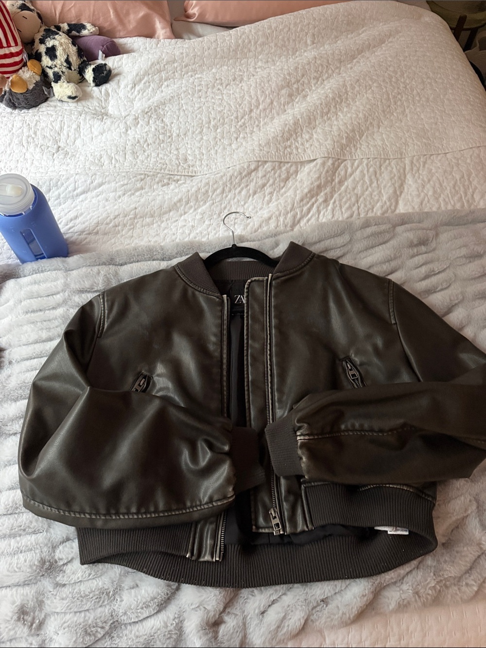 Zara Brown Faux-Leather Bomber Jacket